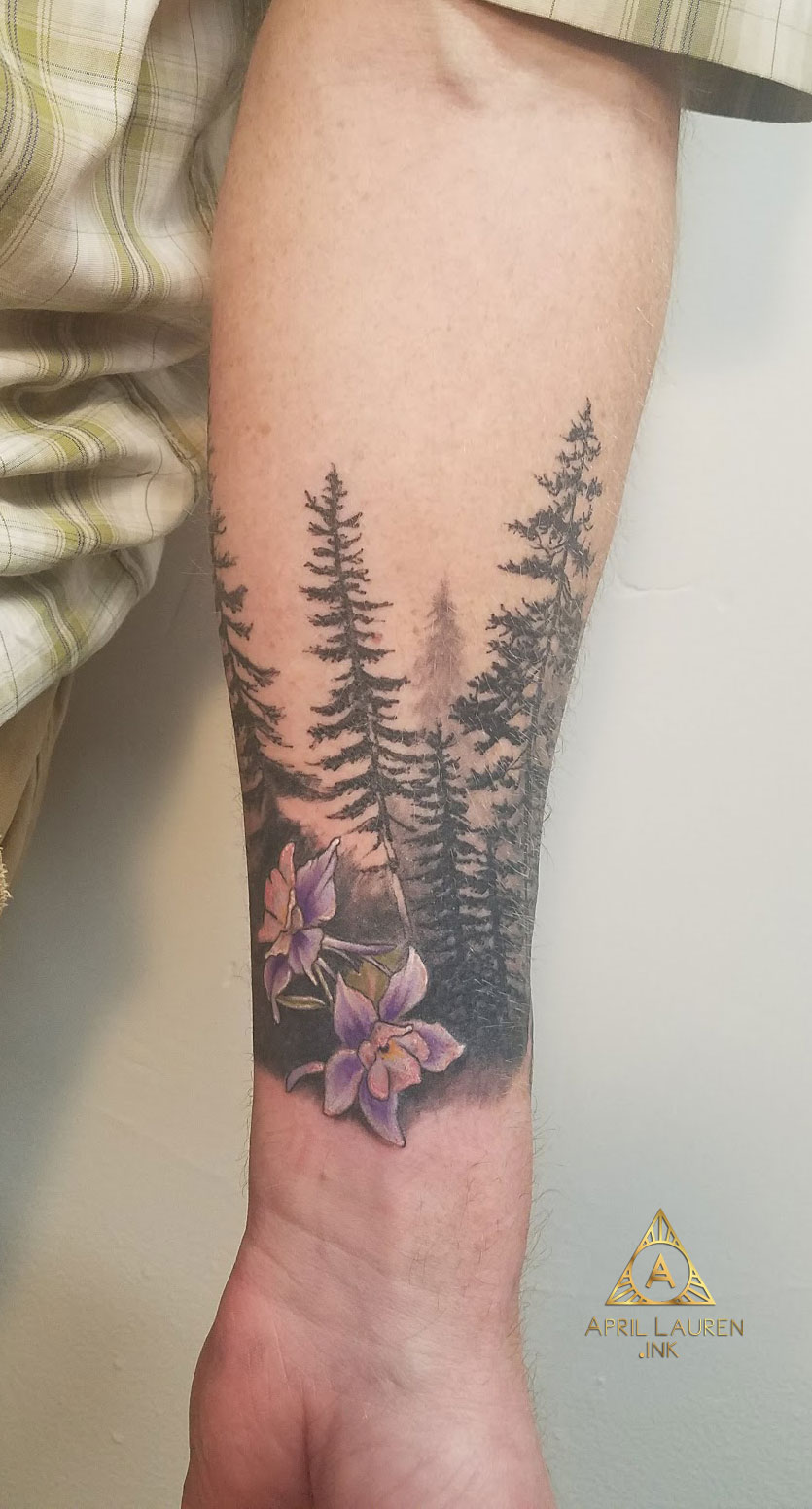 Pine Trees Silhouette Flower Tattoo