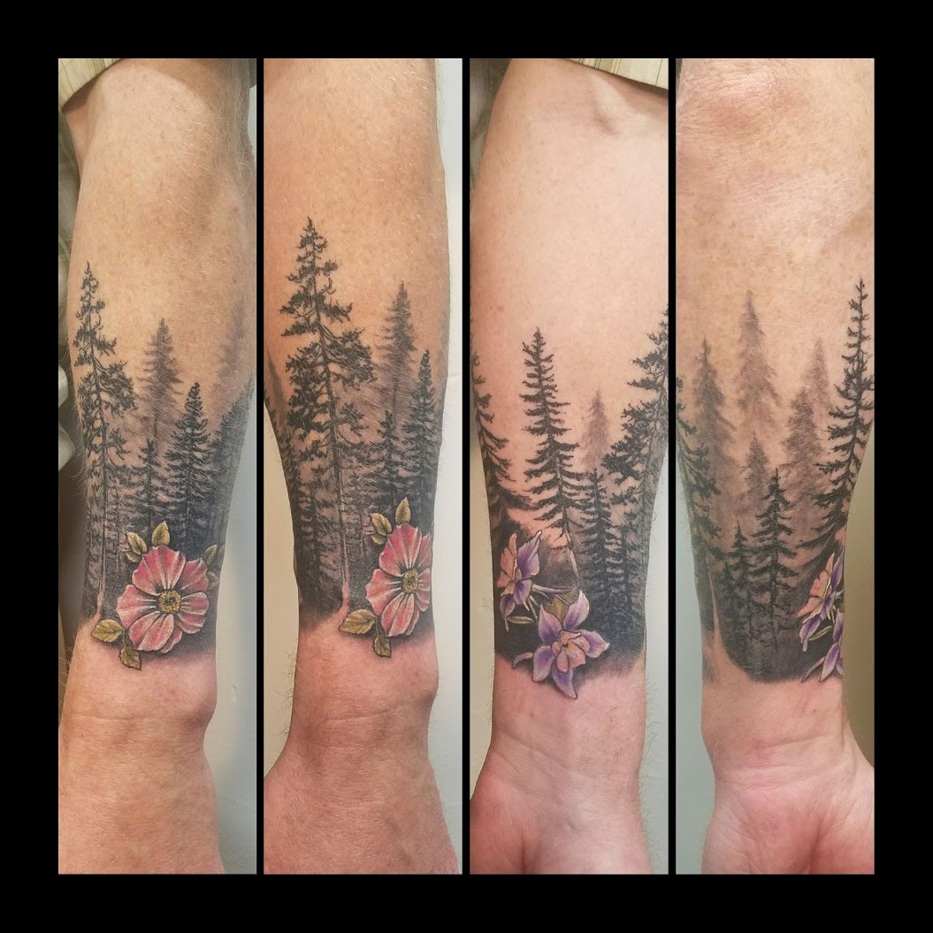 Pine Trees Silhouette Flower Tattoo