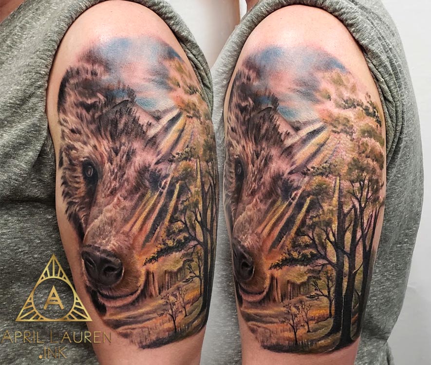 Bear and Mountain Realistic tattoo