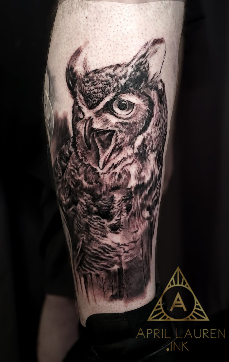 Black and Grey Owl Portrait on Calf tattoo
