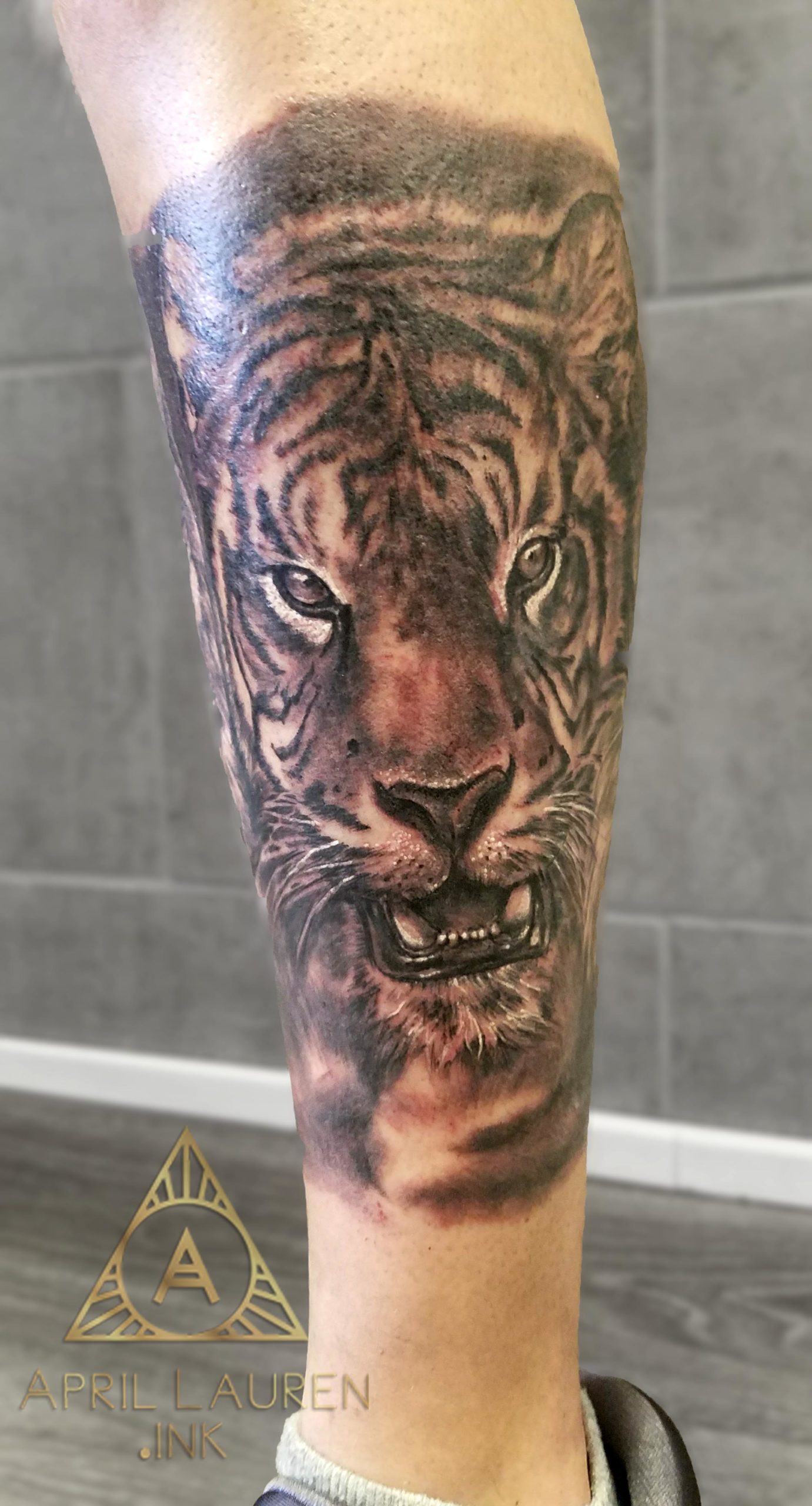 Realistic Black and Grey Tiger Tattoo on the Cafe