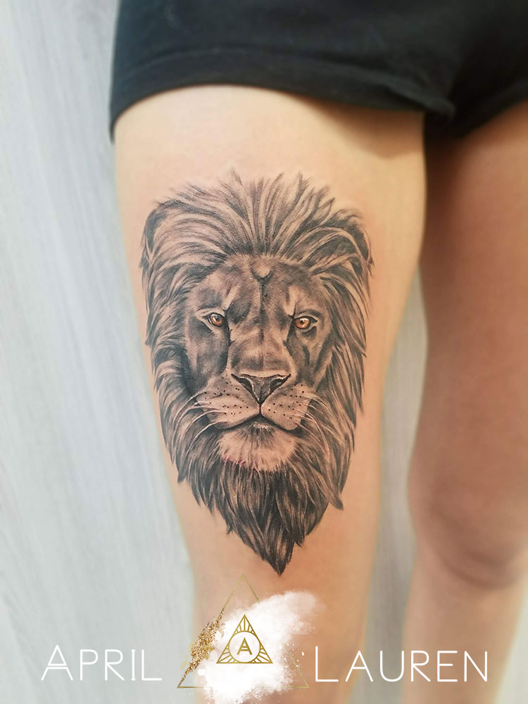black and grey leg lion tattoo by April Lauren at Naya Studio