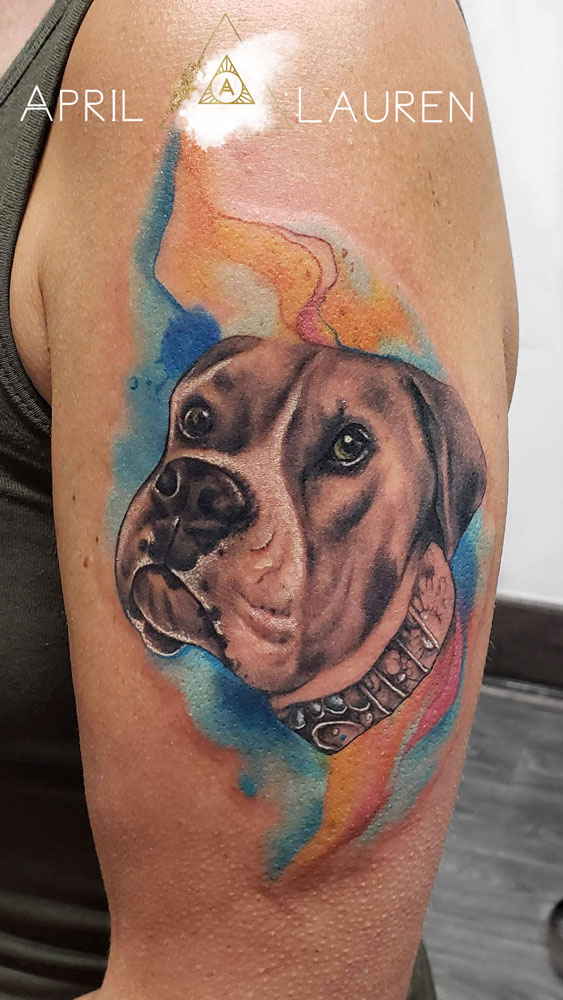 water color background of dog portrait tattoo by April Lauren at Naya Studio