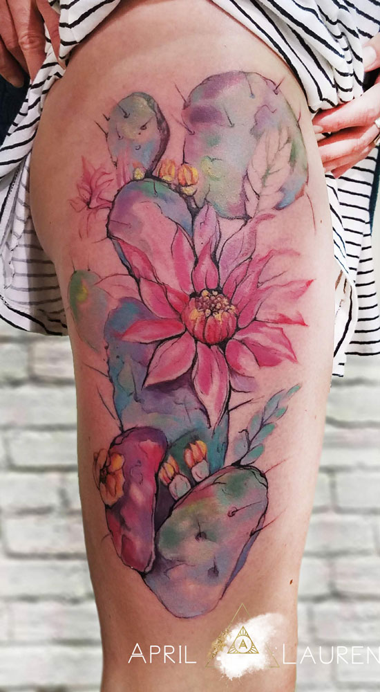 water color cactus flower tattoo by April Lauren at Naya Studio