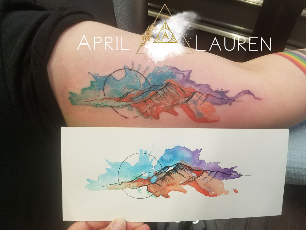 water color mountain range tattoo by April Lauren at Naya Studio
