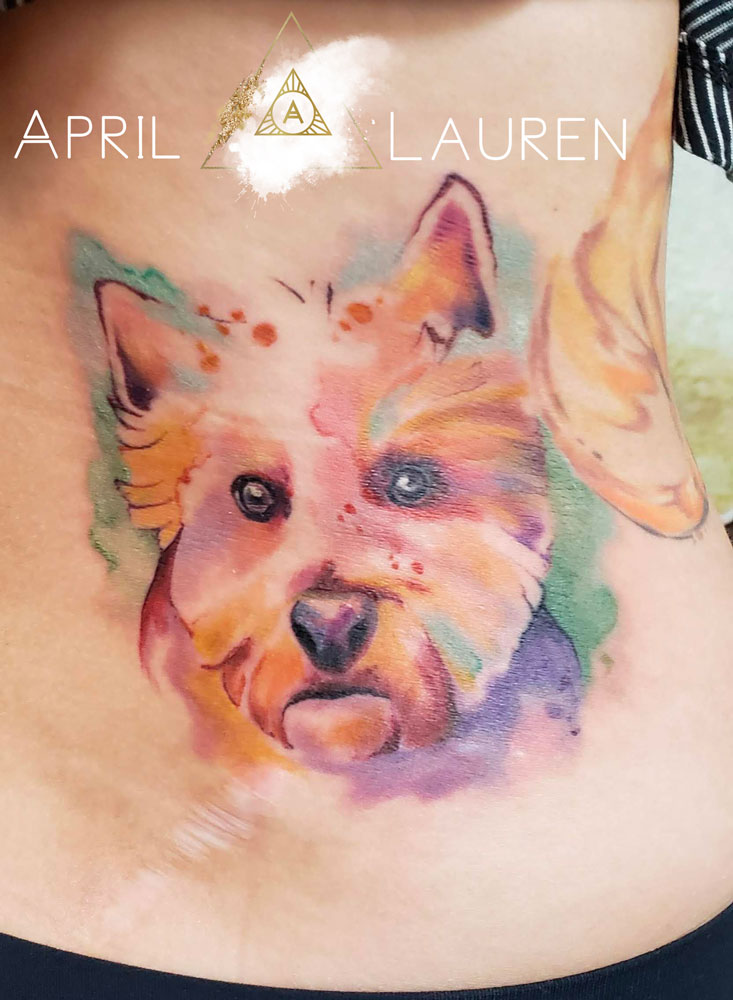 rainbow water color portrait of dog tattoo by April Lauren at Naya Studio
